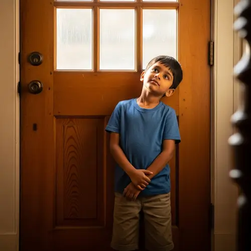 Brightly Lit Wooden Door with Expectant South Asian Boy