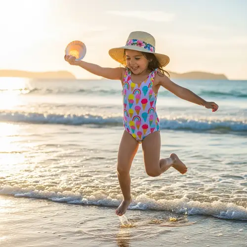 Cute Swimsuit Girl Playing by the Seaside