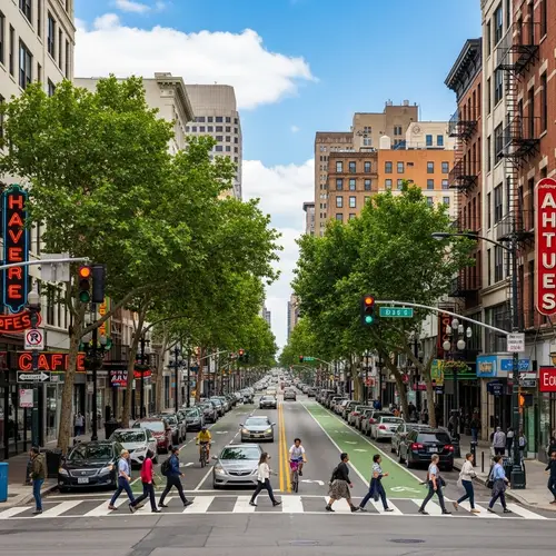 Urban Streetscape: Multifarious Buildings, Green Spaces, Diverse Traffic