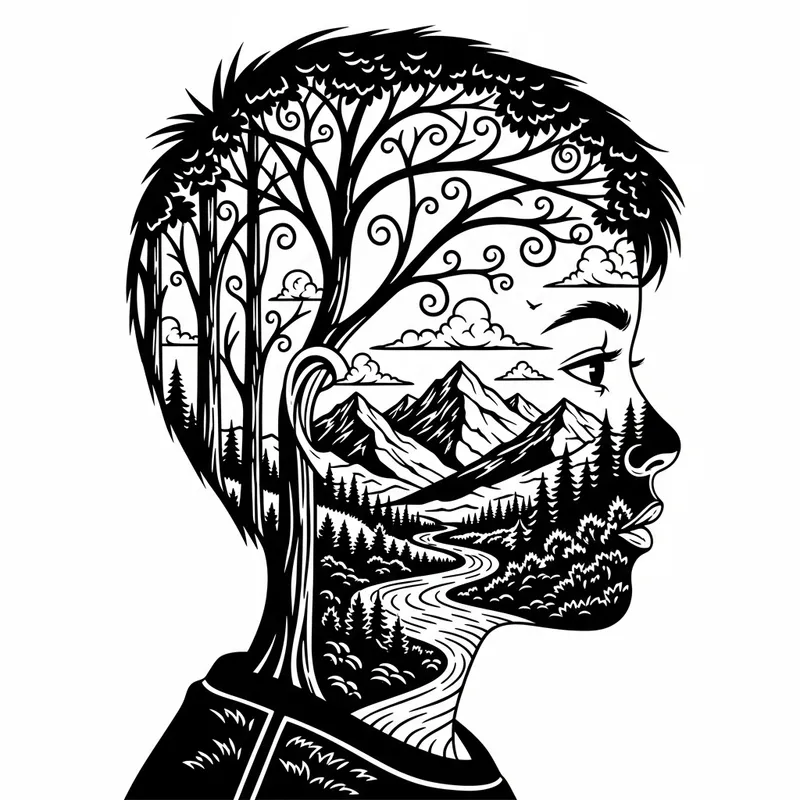 Black and White Stencil Art: Boy's Face Nature Scene