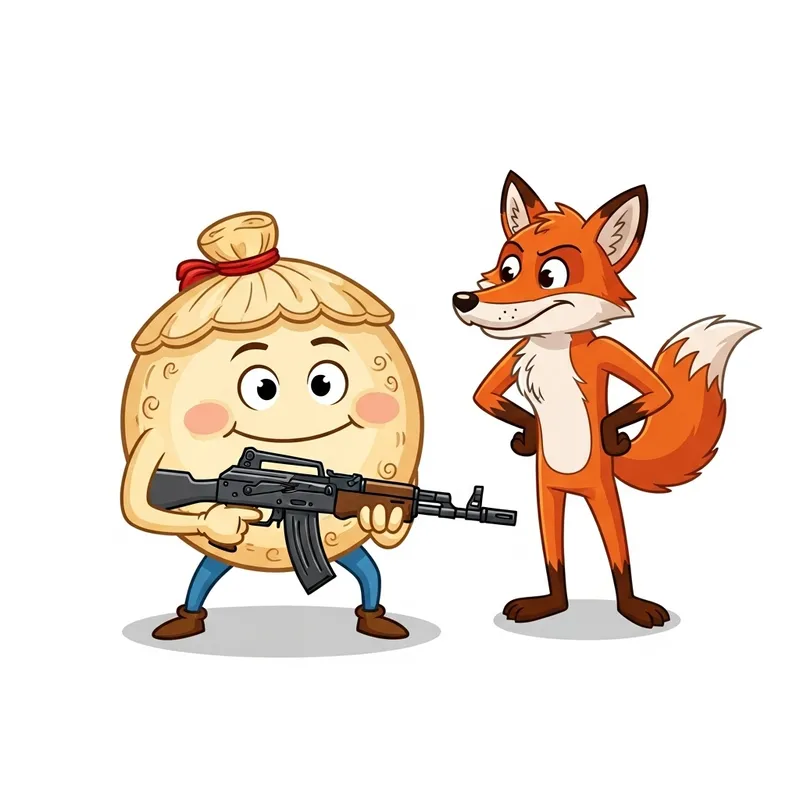 Action-Packed Kolobok Character with Automatic Weapon and Fox