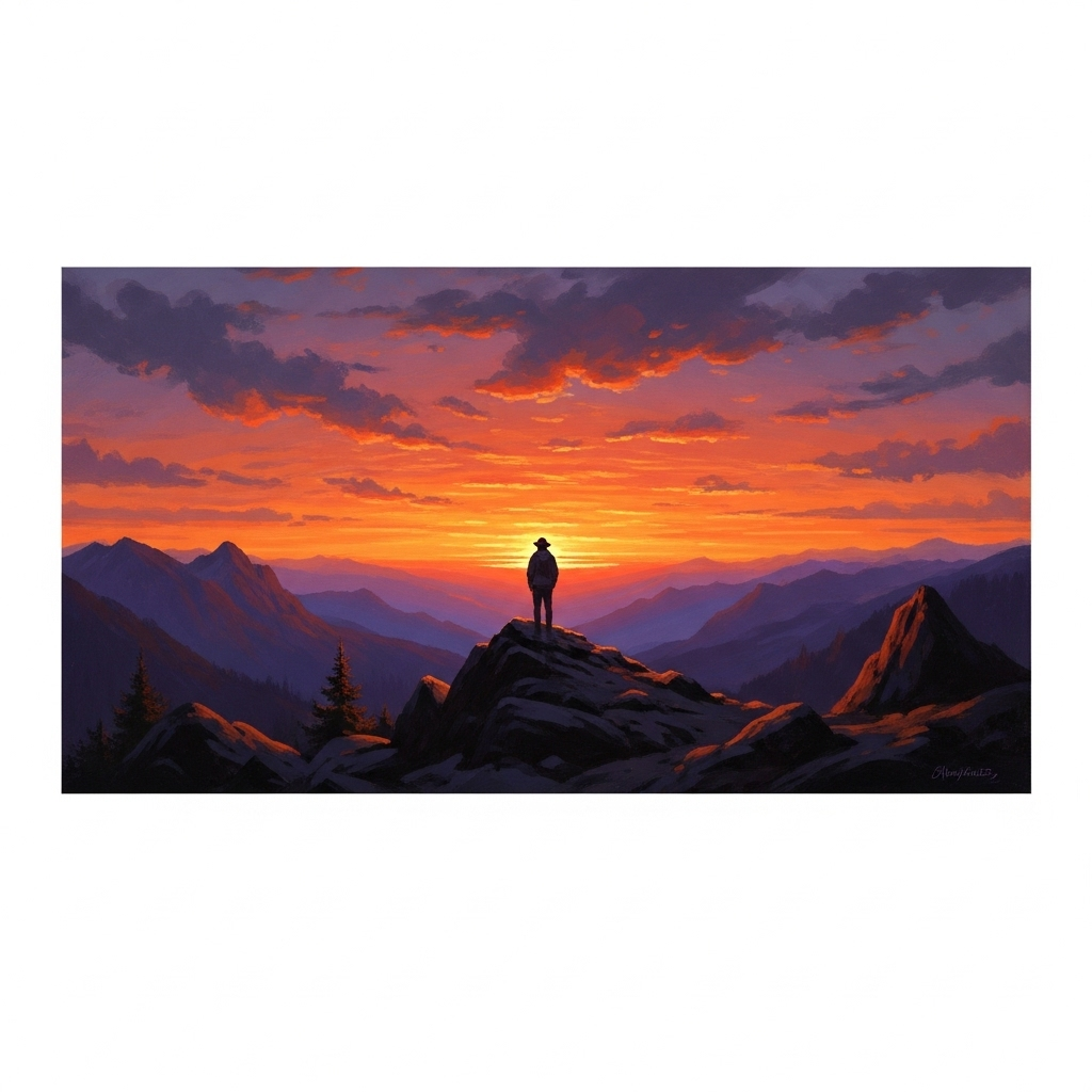 Majestic Mountain Sunset View with Focused Gaze | AI Art Generator