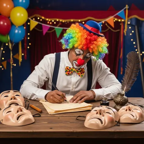 Colorful Clown Scriptwriter in Vibrant Circus Tent
