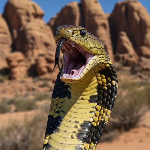 Menacing Open-Mouthed Cobra on Rocky Scene