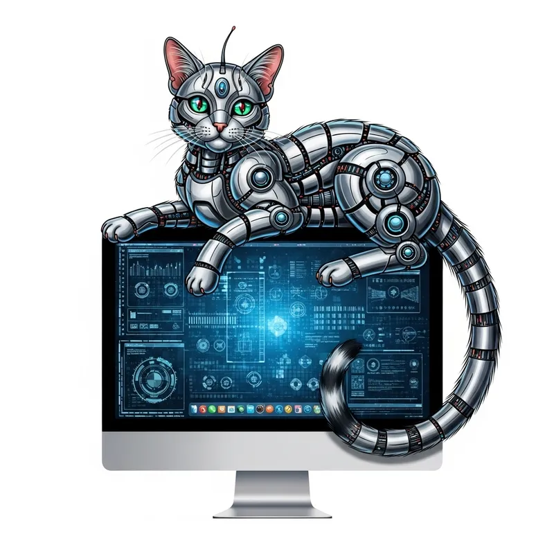 Very Cute Cyborg Cat on Computer - Futuristic Feline Scene