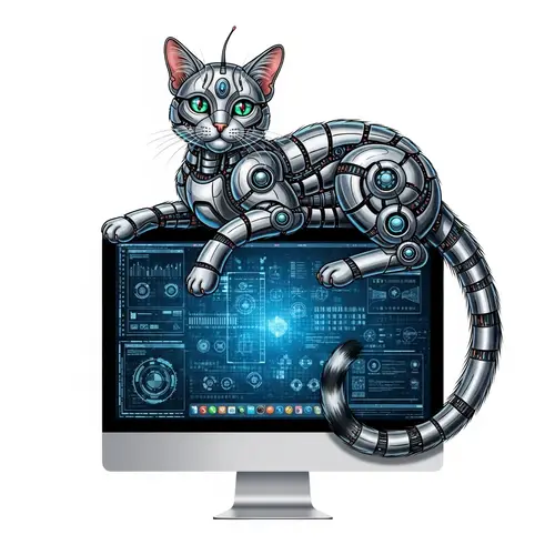 Adorable Cyborg Cat on Computer - Tech-Savvy Feline