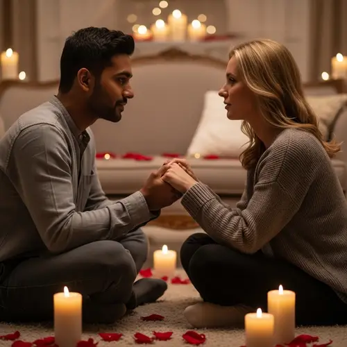 Intimate Romantic Scene with South Asian Man & Caucasian Woman