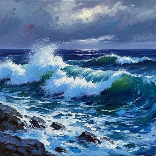 Crashing Waves in Impressionist Style Painting