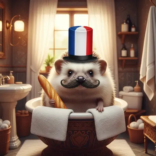 Quirky Hedgehog in French-Themed Bathroom with Mustache & Baguette