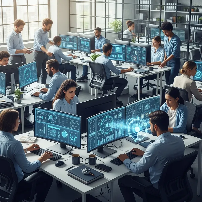 Cohesive Team in Modern Setting | Future Technology Harmony