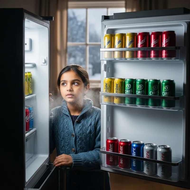 Chilly Winter Scene: Girl Discovers Fridge Packed with Cold Drinks Chilly Winter Scene: Girl Discovers Fridge Packed with Cold Drinks