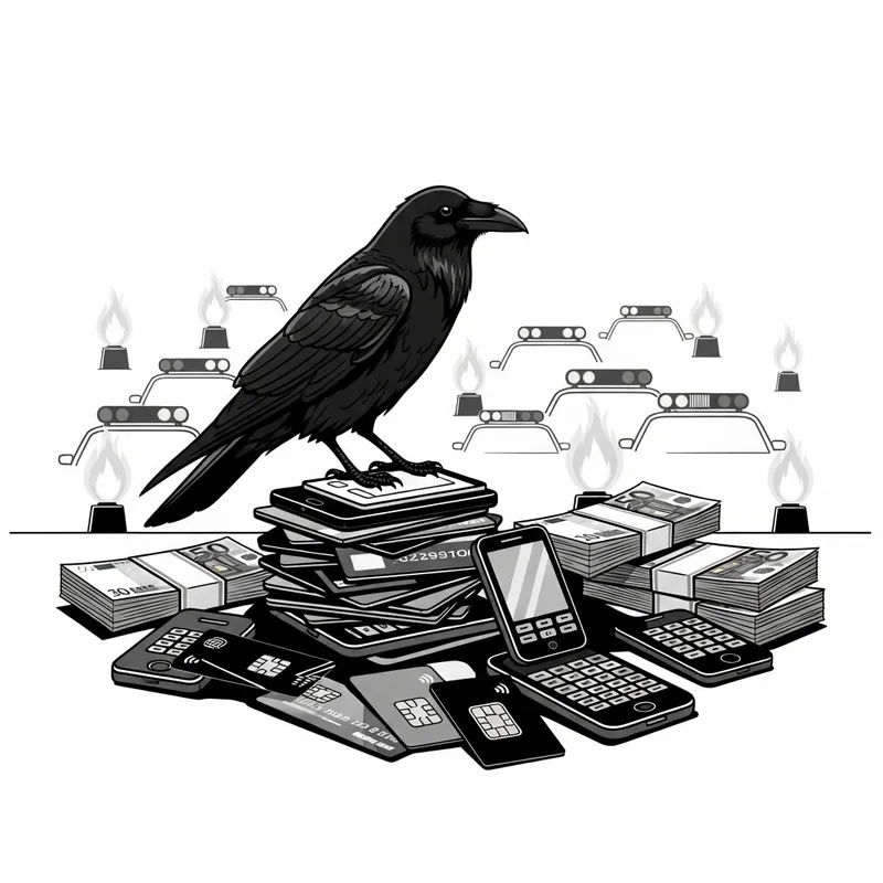 Sleek Black Raven on Bank Cards and Phones - Fraud Theme Scene
