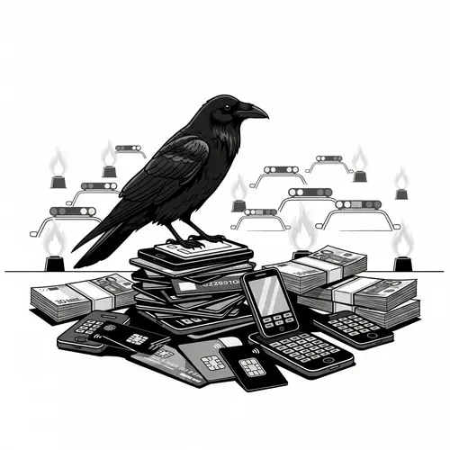 Black Raven on Bank Cards, Phones, Euro Money - Fraud Theme Scene