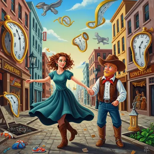 Whimsical Surreal Cityscape Oil Painting | European Woman Dancing