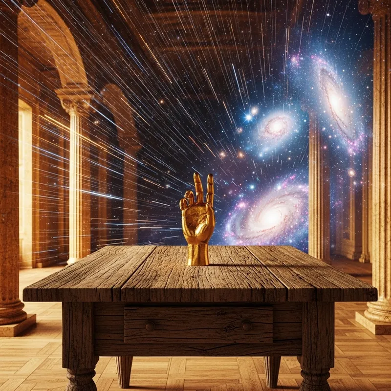 Golden Hand on Antique Table: Opulent Celestial Scene