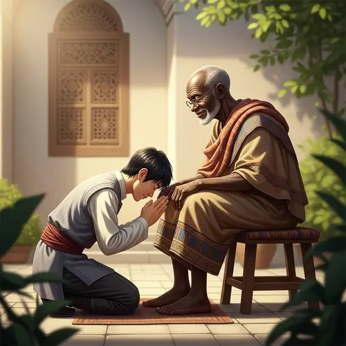 Illustration of Respectful Interaction Between Young Asian and Elderly African Men