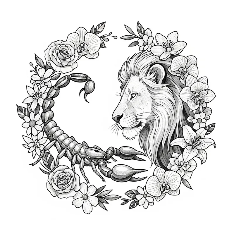 Peaceful Scorpion and Lion Love Tattoo with Flower Circle
