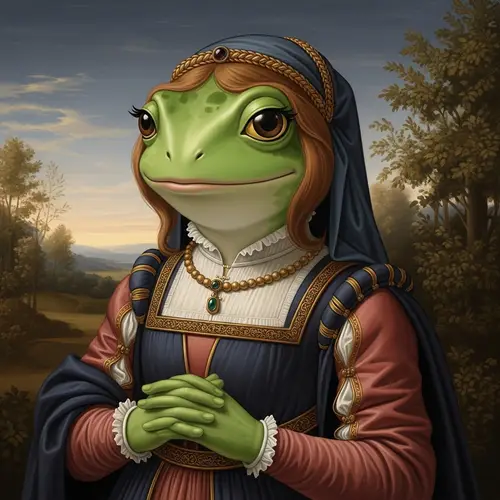 Female Green Frog Character Inspired by Renaissance Art