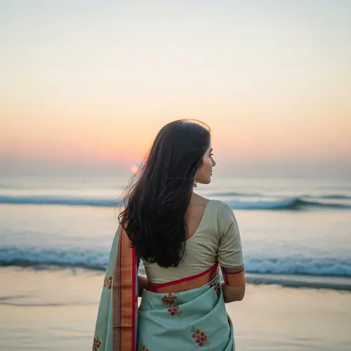 Serene South Asian Woman on Beach at Sunset | Seascape Inspiration