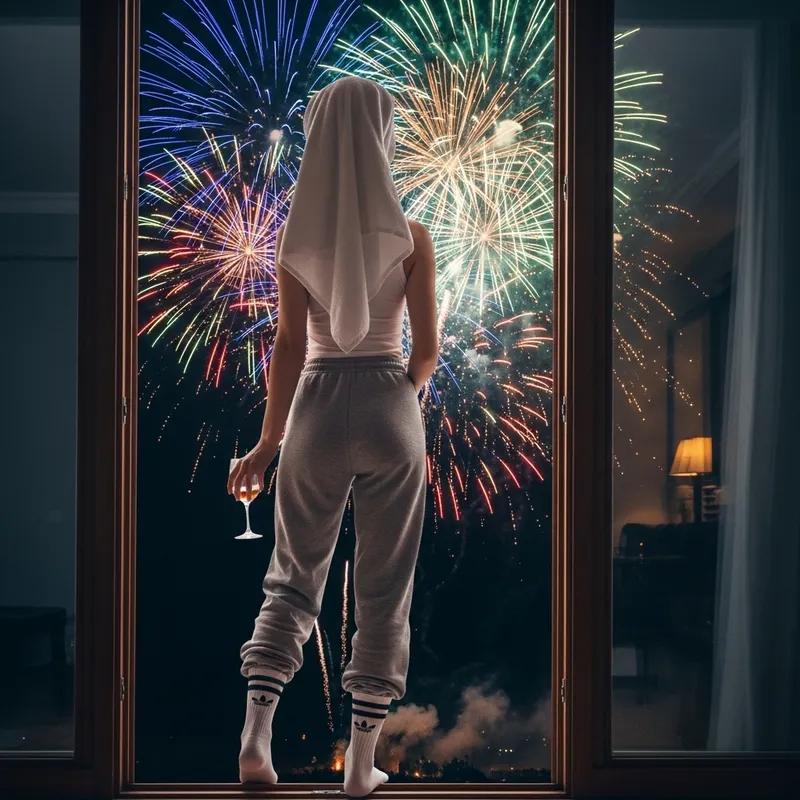 Woman in Grey Adidas Sweats with Towel on Head Holding Wine Glass by Window