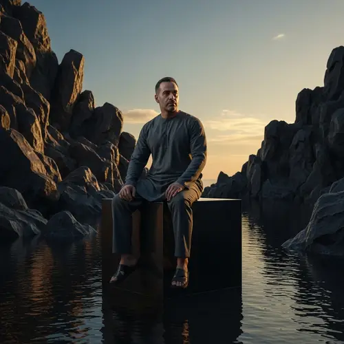 Middle-Eastern Man, 50, Stone Hands, Seated on Cube - Fear vs Calm