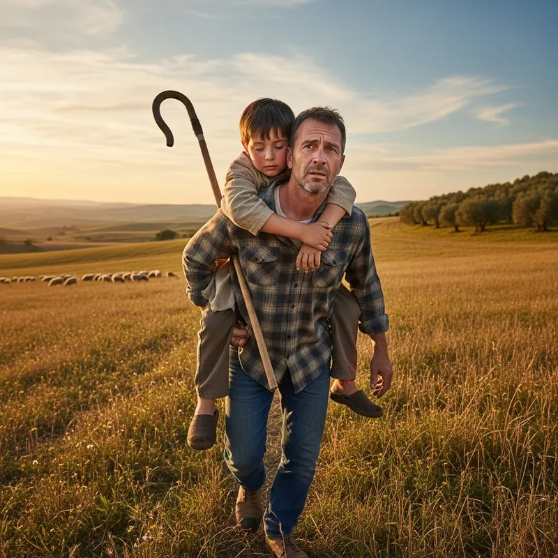 Sick Young Shepherd Boy Carried by Farmer