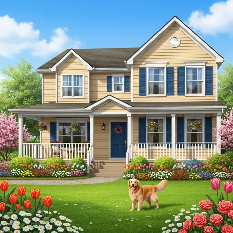 Charming Two-Story House with Blooming Garden and Friendly Dog