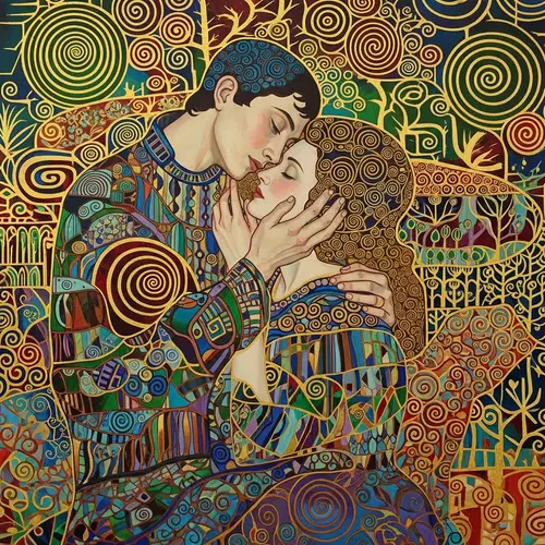 Symbolist Art: Romantic Embrace in Klimt-Inspired Pattern