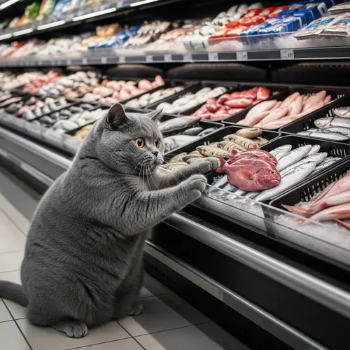Chunky Gray British Shorthair Cat in Grocery Store