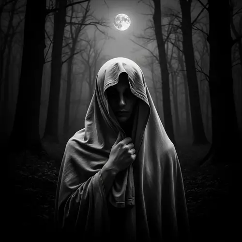 Mysterious Cloaked Figure in Moonlit Forest