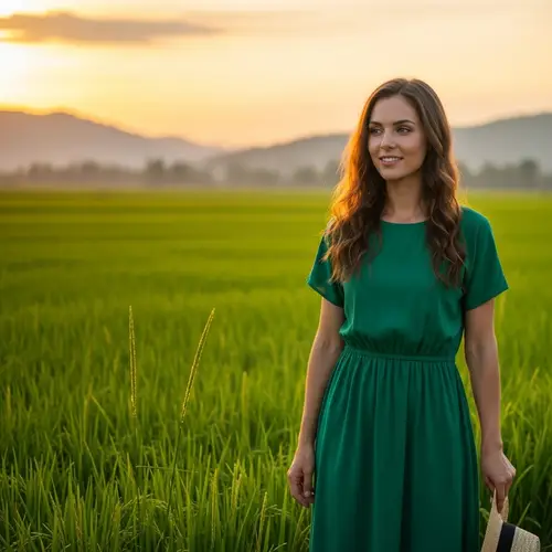 Young Caucasian Woman in Green Dress by Rice Field