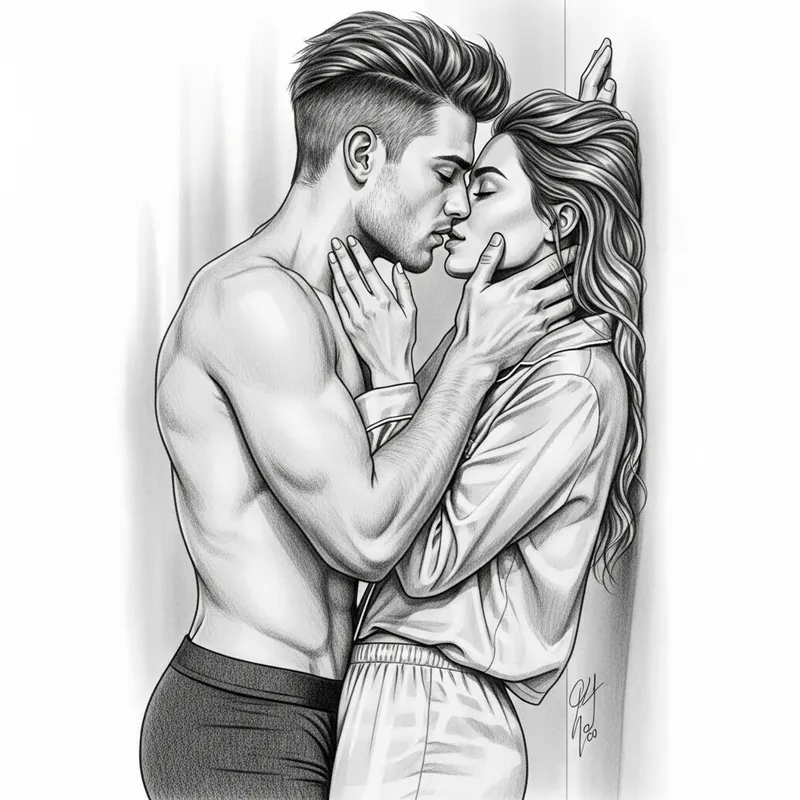 Detailed Romantic Kiss Pencil Sketch - Love Scene Illustration