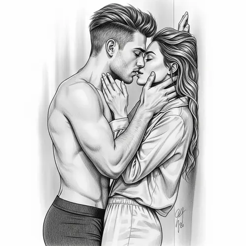 Romantic Couple Kiss Pencil Sketch - Emotional Love Scene