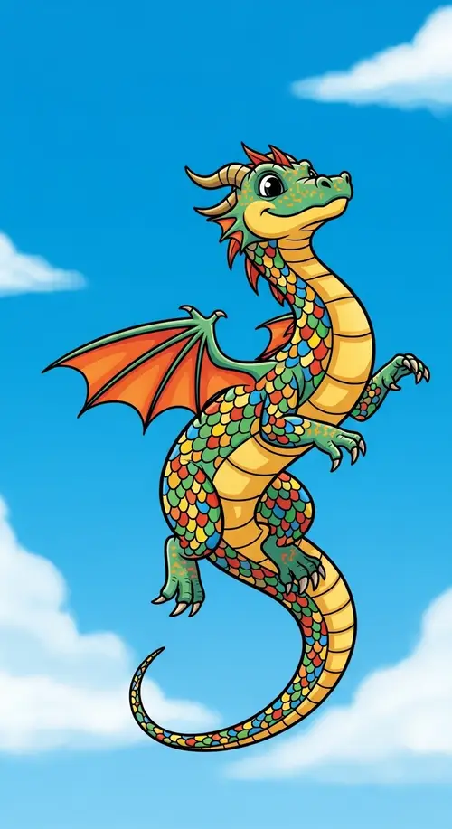 Playful Juvenile Dragon Soaring in Vibrant Blue Sky