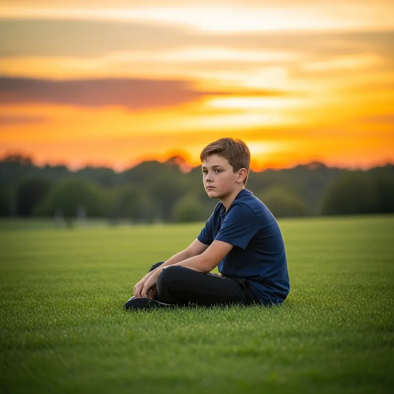 Golden Hour Sunset Portrait: Young Boy Relaxed in Nature