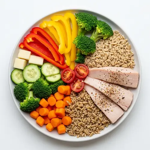 Well-Balanced Meal with Vegetables, Fruits, Lean Proteins, and Whole Grains