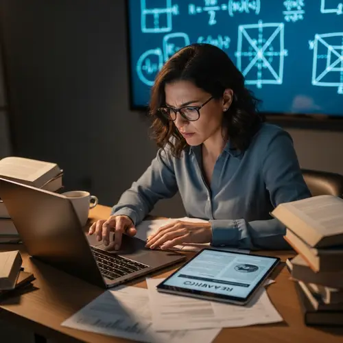 Stressed Hispanic Female Teacher in Scholarly Study Environment