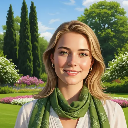Young Woman Portrait with Blonde Hair and Green Eyes in Serene Garden