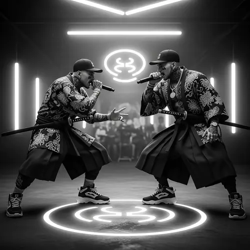 Neon Underground Rave: Samurai Rap Battle in Modern Street Style