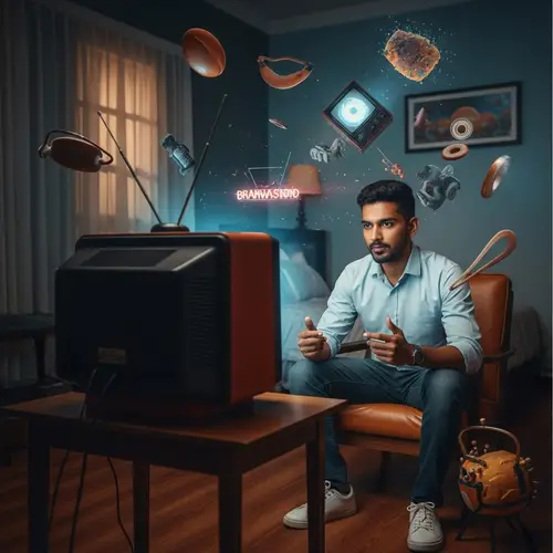 Dreamy South Asian Male Watching Retro TV | Illustrative Art