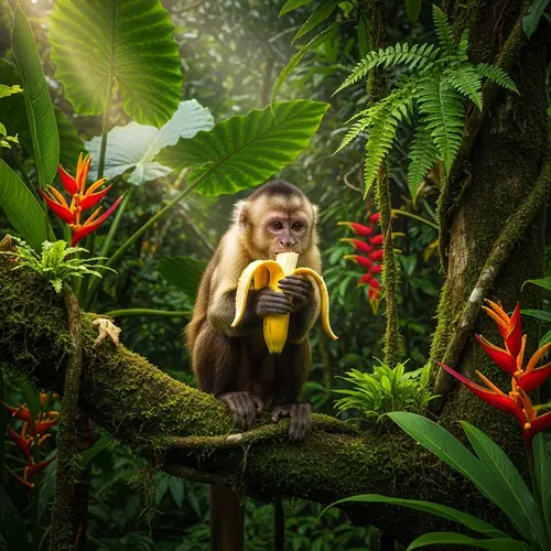 Vibrant Monkey in Tropical Jungle with Banana | Exotic Wildlife