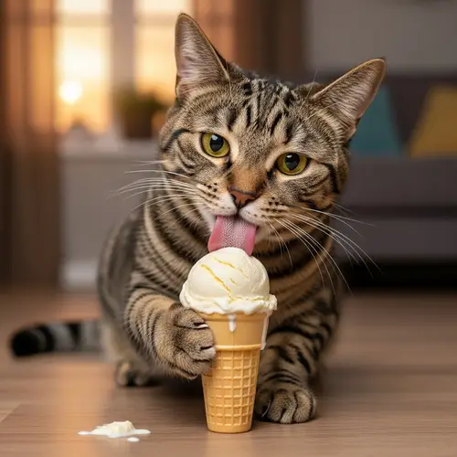 Tabby Cat enjoying vanilla ice cream - Cute and Playful Scene
