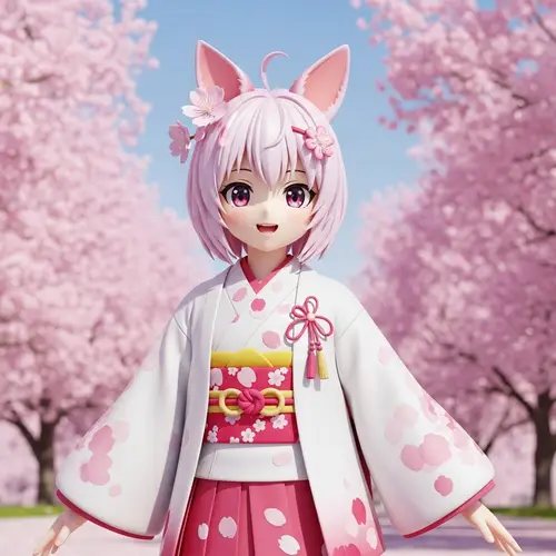 Japanese Anime Inspired Cute 3D Character with Sakura Symbolism