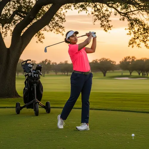 Tranquil South Asian Female Golfer in Neon Pink Polo Shirt Swinging on Lush Golf Course