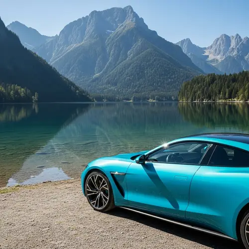 Turquoise Car by Tranquil Lake | Serene Nature Scene