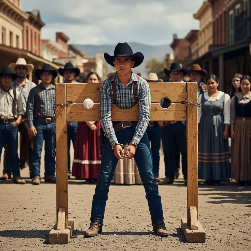 Young Hispanic Cowboy in Pillory - Wild Western Scene