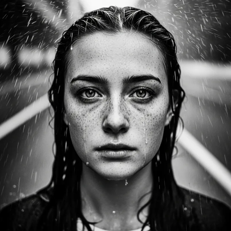 Emotional Rainfall Portrait of Freckled Young Woman in 4k Black and White