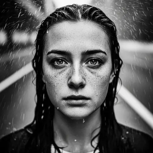 Emotional Black and White Portrait of Young Freckled Woman in Rainfall
