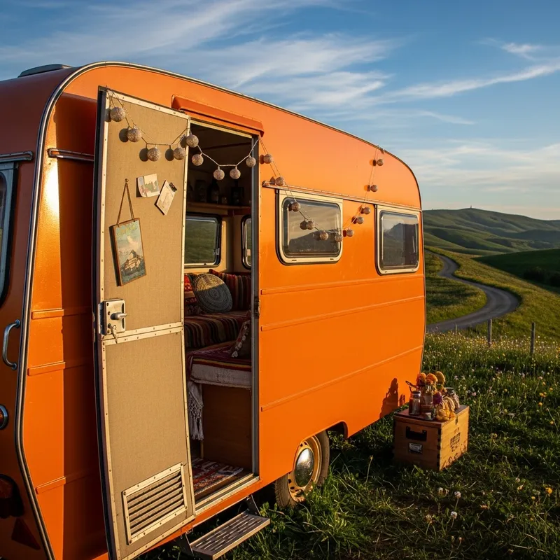 Vivid Orange Caravan with Open Doors | Discover Adventure