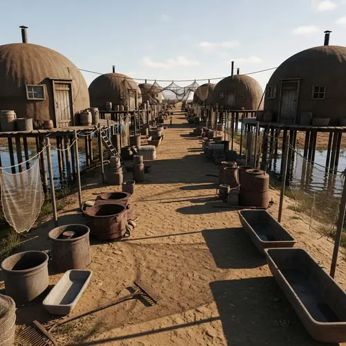 Desolate Rural Settlement | Round Brown Houses, Fishing Nets & Decay